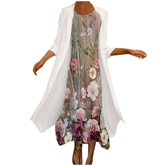 Summer Dresses for Women Casual, Womens Plus Size Summer Dresses Flowy Floral Print Two-Piece Set Dress Crewneck Sleeveles Dress Cadigan for Wedding Guest