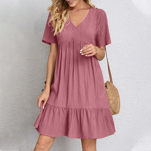 Summer Dresses for Women under $10! Xqxayjr 2025 Summer Sundress for Womens V Neck Pleated Trendy Beach Vacation Dress Short Sleeve Tiered A Line Flowy Swing Loose Casual Church Dresses