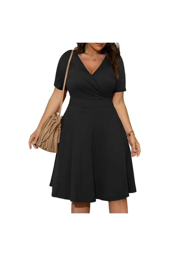 Summer Dresses for Women under $10! Xqxayjr Plus Size Casual Dresses for Women High Waist Wrap V Neck Dresses Short Sleeve A-line Swing Flowy Church Work acation Beach Dresses