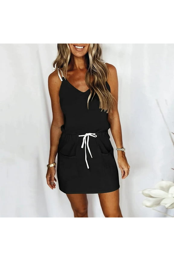 Summer Dresses for Women under $10! Xqxayjr Sleeveless Summer Sundress for Women Drawstring Elastic Waist Cute Mini Holiday Dresses Spaghetti Strap V Neck Sriped Casual Beach Vacation Dress