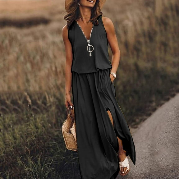 Summer Dresses for Women under $10! Xqxayjr Summer Casual Long Sun Dress for Women Loose Flowy Fit Elastic High Waisted Holiday Dresses Sleeveless Side Slit Fashion Beach Vacation Dress