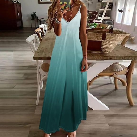 Summer Dresses for Women under $10! Xqxayjr Summer Casual Maxi Sundress for Women Gradient Color Spaghetti Strap Sleeveless Cami Beach Vacation Dress V Neck Flowy Boho Loose Church Dresses