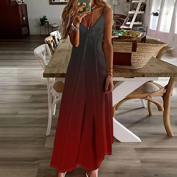 Summer Dresses for Women under $10! Xqxayjr Summer Casual Maxi Sundress for Women Gradient Color Spaghetti Strap Sleeveless Cami Beach Vacation Dress V Neck Flowy Boho Loose Church Dresses