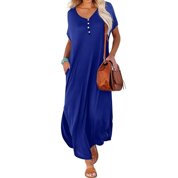 Summer Dresses for Women under $10! Xqxayjr Summer Maxi Long Sundress for Curvy Women Short Sleeve V Neck Trendy Beach Party Dresses Loose Casual Flowy Button Up T Shirt Wedding Guest Dress