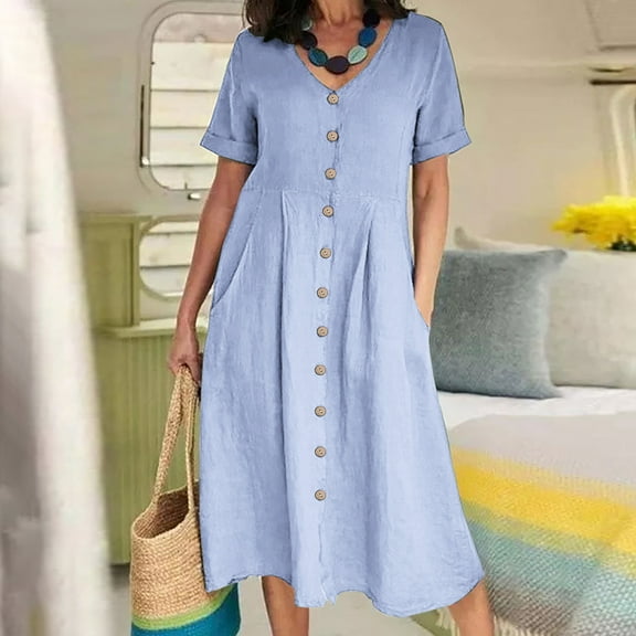 Summer Dresses for Women under $10! Xqxayjr Women's Summer Maxi Long Sundresses Casual Flowy Linen Trendy Holiday Dresses Short Sleeve V Neck Button Down Loose T Shirt Beach Vacation Dress