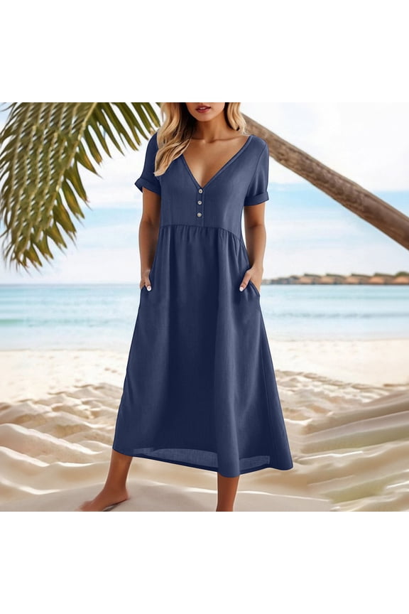 Summer Dresses for Women Cotton Linen Short Sleeve V Neck Maxi Dresses Womens Casual Solid Lightwieght Comfy Bohos Beach Vacation Sundress with Pocket