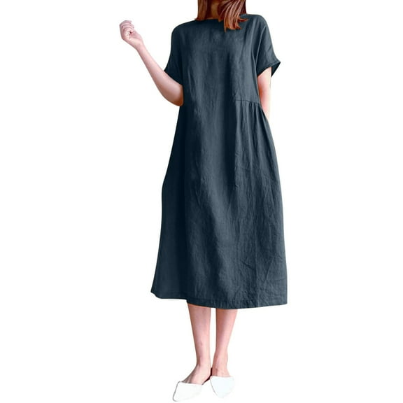 Summer Dresses, Women Dresses,Women's Casual Short Sleeve Elastic Waist Dress Round Neck Solid Loose Flowy Comfortable Summer Outfit