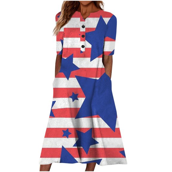 Summer Dresses for Women Independence Day Casual Pocket Loose Swing Patriotic Tunic Long Dresses with Pocket 2025 Short Sleeve V-Neck Star Flag Print Maxi Formal Dress Red l