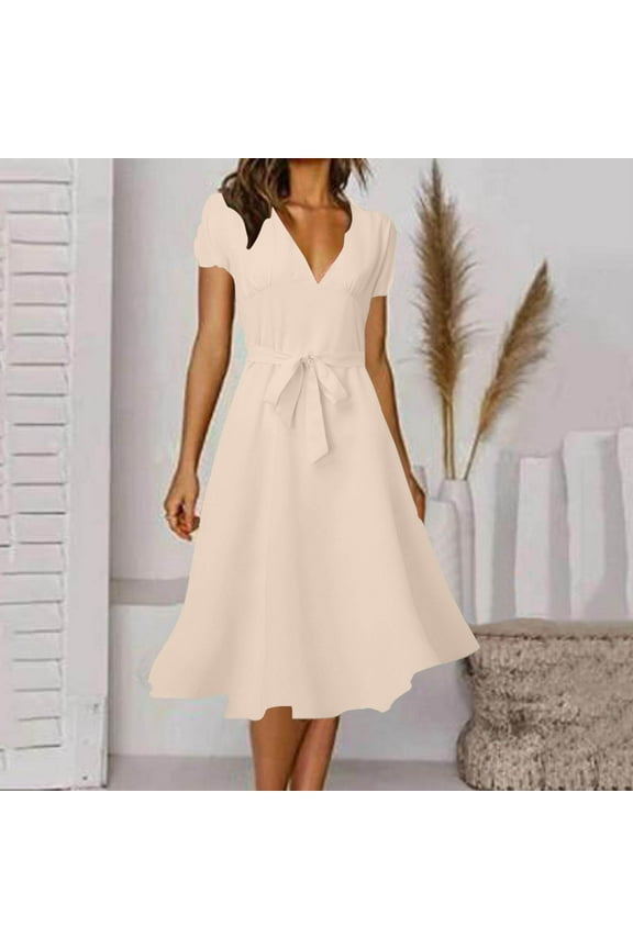 Summer Dresses For Women Long V Neck Beach Dress Elegant A Line Midi Dress Knee Length Party Dress Polka Dot Dress High Waisted Boho Dress Womens Dresses Petite Midi Dress Ladies Dresses Summer Casual