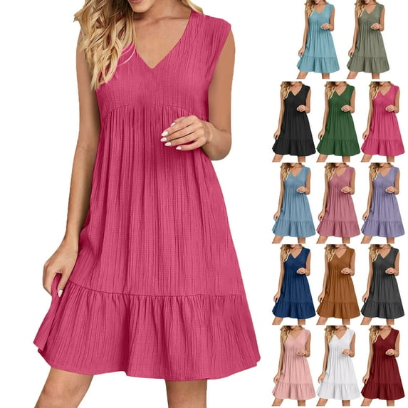 Summer Dresses for Women Plus Size Cleanance Sales Casual Loose Sleeveless V-Neck Pleated Sundress Mini Swing Dress for Women Beach Fashion Daily Holiday Vacation