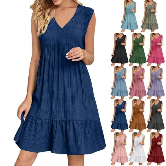 Summer Dresses for Women Plus Size Cleanance Sales Casual Loose Sleeveless V-Neck Pleated Sundress Mini Swing Dress for Women Beach Fashion Daily Holiday Vacation