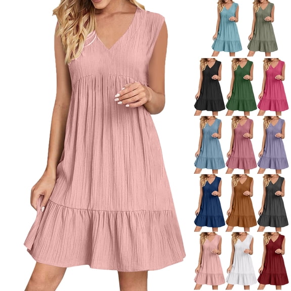 Summer Dresses for Women Plus Size Cleanance Sales Casual Loose Sleeveless V-Neck Pleated Sundress Mini Swing Dress for Women Beach Fashion Daily Holiday Vacation