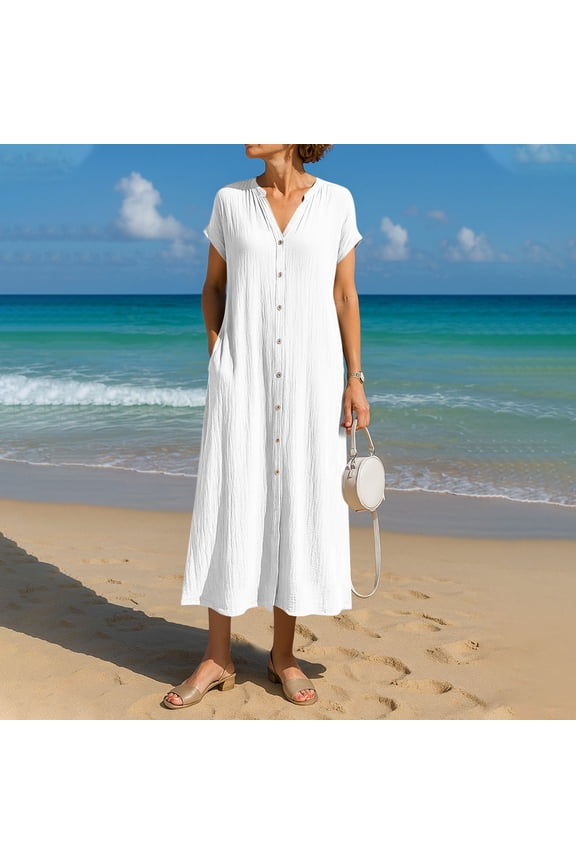 Summer Dresses for Women Plus Size Cotton Linen V Neck Button Up Short Sleeve Midi Dress Casual Solid Oversized Loose Fits Breathable Comfy Beach Vacation Dresses