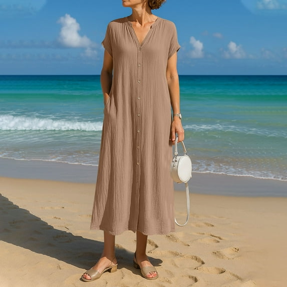 Summer Dresses for Women Plus Size Cotton Linen V Neck Button Up Short Sleeve Midi Dress Casual Solid Oversized Loose Fits Breathable Comfy Beach Vacation Dresses
