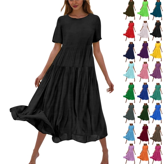 Summer Dresses For Women Plus Size Flower Solid Color Casual Short Sleeve Crewneck Dress Flowy Tiered Maxi Beach Black Women's Summer Flowy Maxi Dress S-2XL