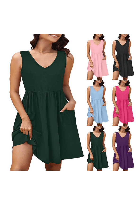 Summer Dresses for Women Plus Size V-Neck Dress Summer Solid Color Sleeveless Women'Beach Party Loose-Fit Casual Swing Dress Green Loose-Fit Casual Swing Mini Dress With Pockets