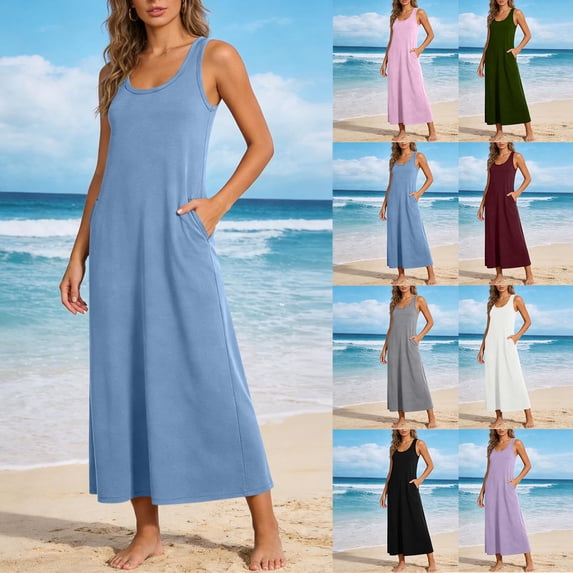 Summer Dresses for Women Plus Size V-Neck Dress Summer Solid Color Sleeveless Women'Beach Party Loose-Fit Casual Swing Dress Hot Pink Loose-Fit Casual Swing Mini Dress With Pockets