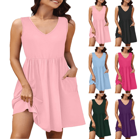 Summer Dresses for Women Plus Size V-Neck Dress Summer Solid Color Sleeveless Women'Beach Party Loose-Fit Casual Swing Dress Pink Loose-Fit Casual Swing Mini Dress With Pockets