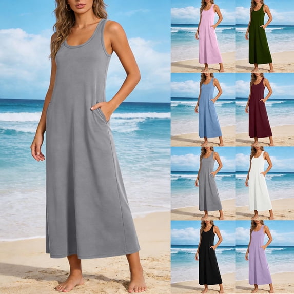 Summer Dresses for Women Plus Size V-Neck Dress Summer Solid Color Sleeveless Women'Beach Party Loose-Fit Casual Swing Dress Pink Loose-Fit Casual Swing Mini Dress With Pockets