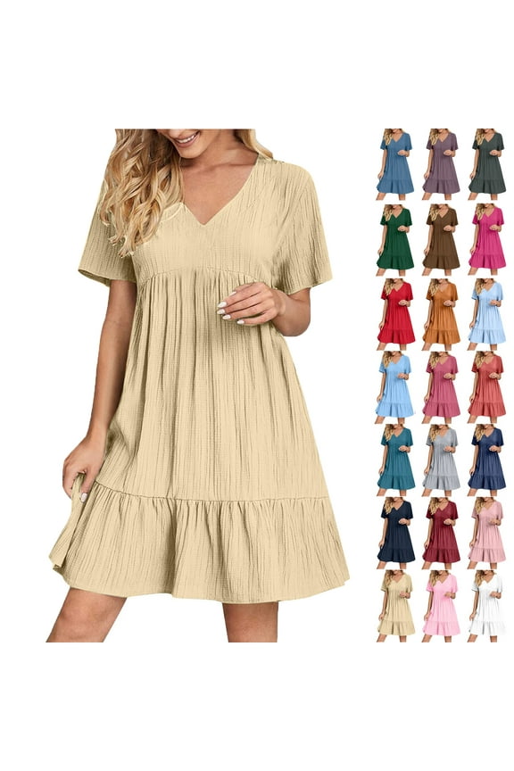 Summer Dresses for Women Plus Size V-Neck Short Dress Summer Fashion Solid Color Short Sleeve Above Knee Ruffle Dress Women' Size XXL White Loose-Fit Casual Swing Dress