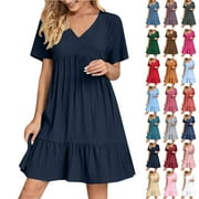 HAOZZAW Women's Plus Size Summer Dresses Fashion Holiday Summer Solid Color Sleeveless Party Beach Dress on Clearance