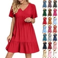 thumbnail image 1 of Summer Dresses for Women Plus Size V-Neck Short Dress Summer Fashion Solid Color Short Sleeve Above Knee Ruffle Dress Women's Loose-Fit Casual Swing Dress, 1 of 9