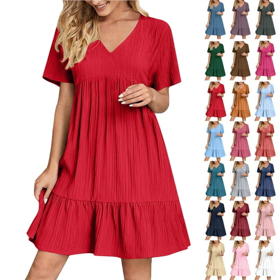 Summer Dresses for Women Plus Size V-Neck Short Dress Summer Fashion Solid Color Short Sleeve Above Knee Ruffle Dress Women' Size XXL White Loose-Fit Casual Swing Dress