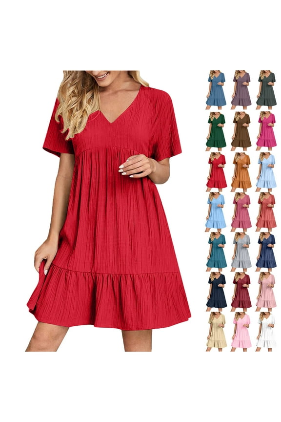 Summer Dresses for Women Plus Size V-Neck Short Dress Summer Fashion Solid Color Short Sleeve Above Knee Ruffle Dress Women' Size XXL White Loose-Fit Casual Swing Dress