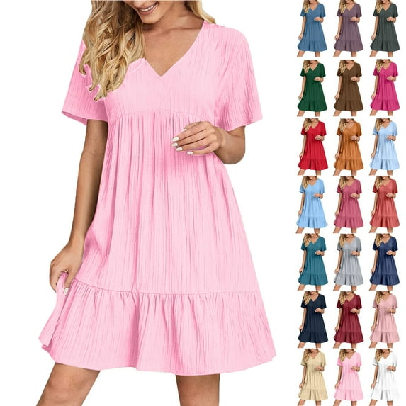 Summer Dresses for Women Plus Size V-Neck Short Dress Summer Fashion Solid Color Short Sleeve Above Knee Ruffle Dress Women' Size XXL White Loose-Fit Casual Swing Dress