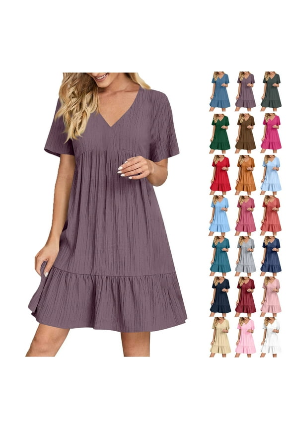 Summer Dresses for Women Plus Size V-Neck Short Dress Summer Fashion Solid Color Short Sleeve Above Knee Ruffle Dress Women's Size 3XL Purple Loose-Fit Casual Swing Dress