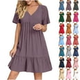 thumbnail image 1 of Summer Dresses for Women Plus Size V-Neck Short Dress Summer Fashion Solid Color Short Sleeve Above Knee Ruffle Dress Women's Loose-Fit Casual Swing Dress, 1 of 9