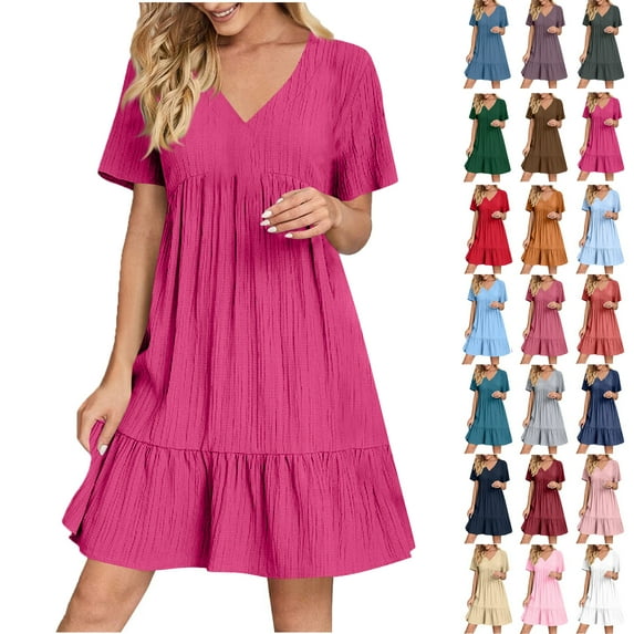 Summer Dresses for Women Plus Size V-Neck Short Dress Summer Fashion Solid Color Short Sleeve Above Knee Ruffle Dress Women's Size 5XL Hot Pink Loose-Fit Casual Swing Dress
