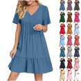 thumbnail image 1 of Summer Dresses for Women Plus Size V-Neck Short Dress Summer Fashion Solid Color Short Sleeve Above Knee Ruffle Dress Women's Size M Blue Loose-Fit Casual Swing Dress, 1 of 9