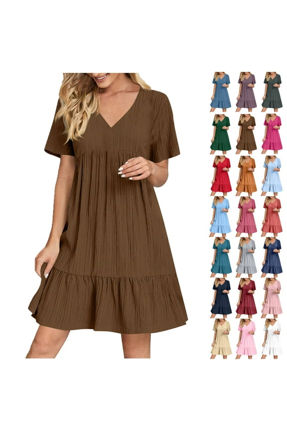 Summer Dresses for Women Plus Size V-Neck Short Dress Summer Fashion Solid Color Short Sleeve Above Knee Ruffle Dress Women's Size M Brown Loose-Fit Casual Swing Dress