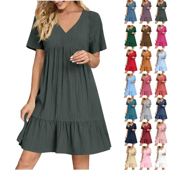 Summer Dresses for Women Plus Size V-Neck Short Dress Summer Fashion Solid Color Short Sleeve Above Knee Ruffle Dress Women's Size S Dark Gray Loose-Fit Casual Swing Dress