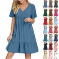 thumbnail image 1 of Summer Dresses for Women Plus Size V-Neck Short Dress Summer Fashion Solid Color Short Sleeve Above Knee Ruffle Dress Women's Size XL Blue Loose-Fit Casual Swing Dress, 1 of 9