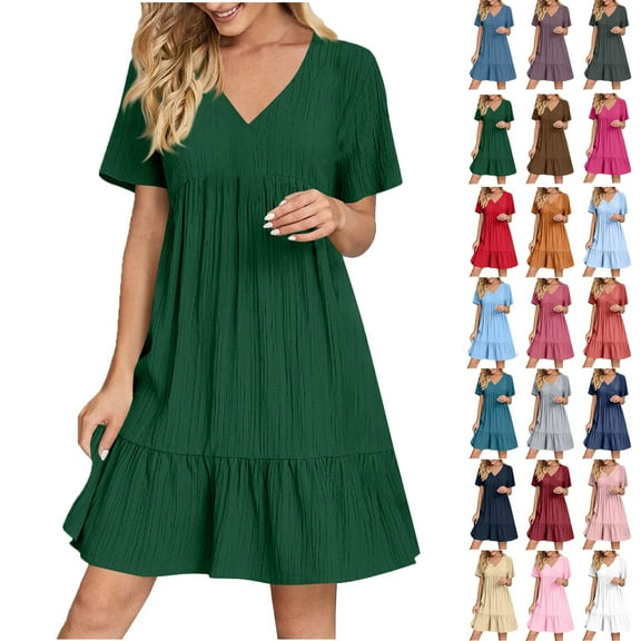 Summer Dresses for Women Plus Size V-Neck Short Dress Summer Fashion Solid Color Short Sleeve Above Knee Ruffle Dress Women's Size XXL Army Green Loose-Fit Casual Swing Dress