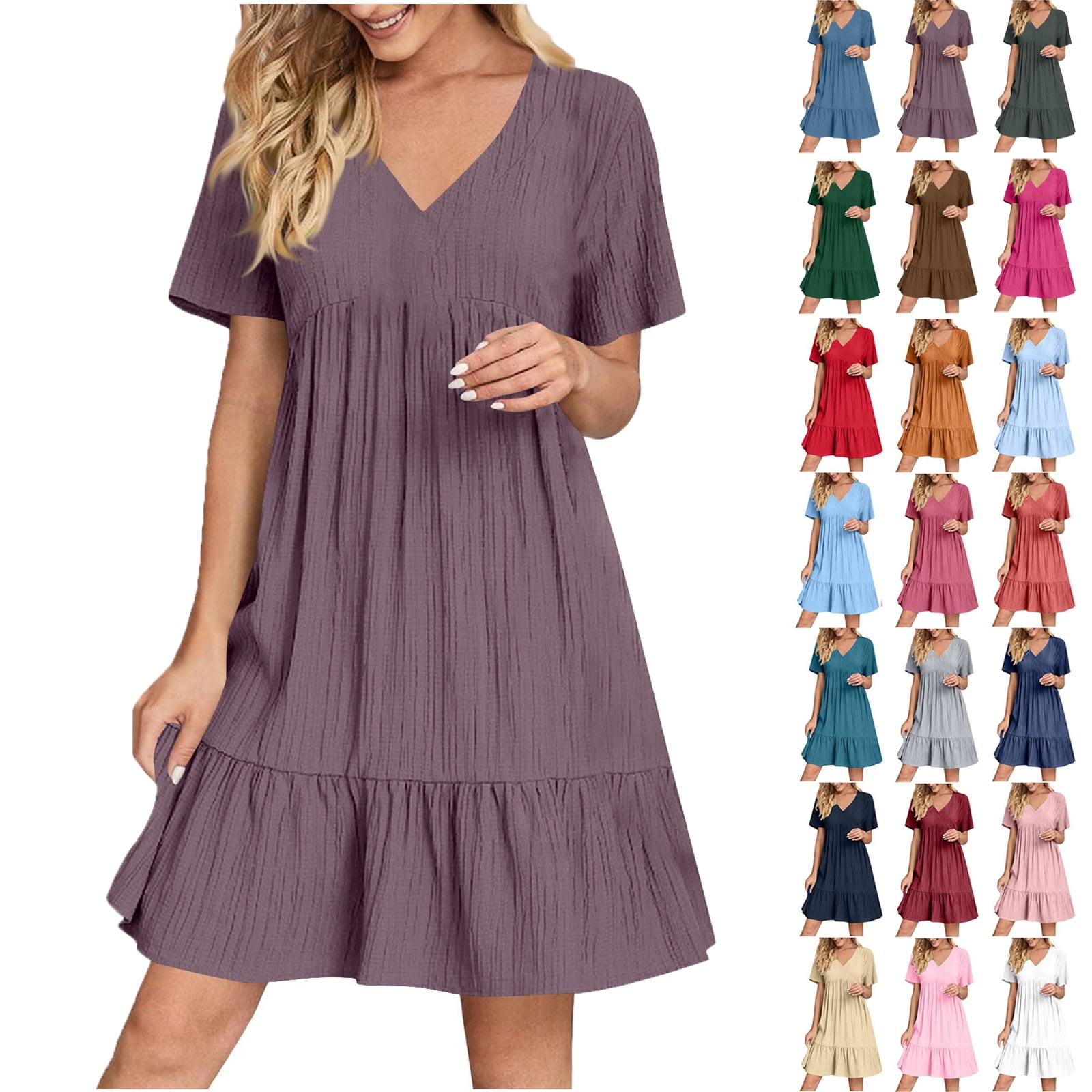Summer Dresses for Women Plus Size V-Neck Short Dress Summer Fashion Solid Color Short Sleeve Above Knee Ruffle Dress Women's Size XXL Purple Loose-Fit Casual Swing Dress