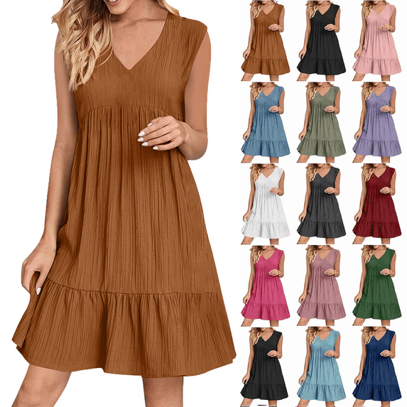 Summer Dresses for Women Plus Size V-Neck Sleeveless dress Summer Fashion Solid Color Sleeveless Above Knee Ruffle Dress Women' Size Loose-Fit Casual Swing Dress