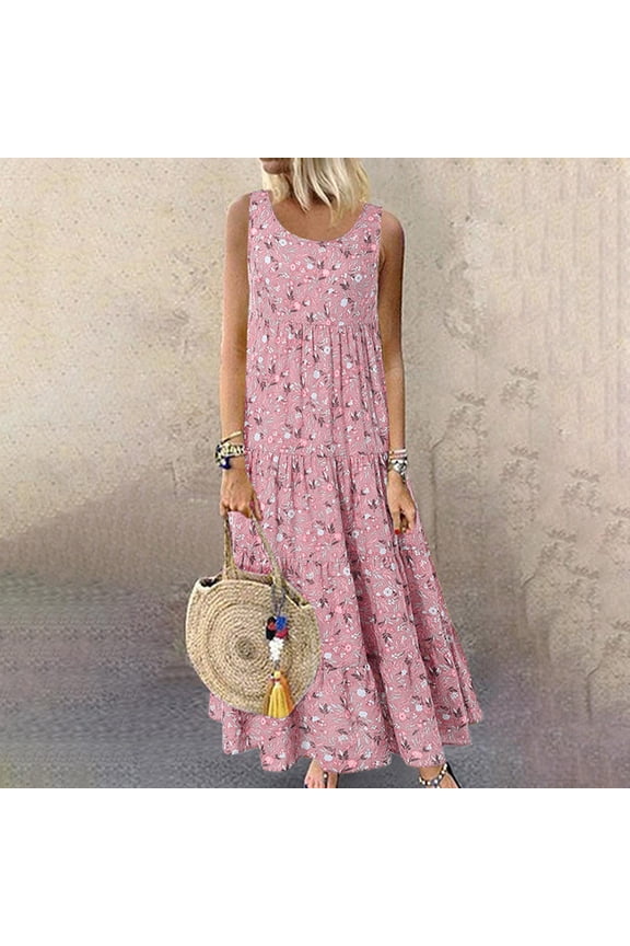 Summer Dresses For Women Plus Size Women Dresses Casual Halter Dresses Sleeveless Dresses French Ethnic Dresses Floral Print Long Dresses High Waist Midi Beach Dresses O Neck Sundress