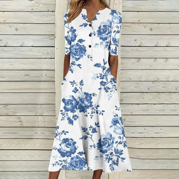 Summer Dresses for Women Sawvnm Women Fashion Summer Spring V-Neck Short Sleeve Printing Pocket Buttons Casual Loose Mid-Calf Dress Mother's Day Gift for Women Girls
