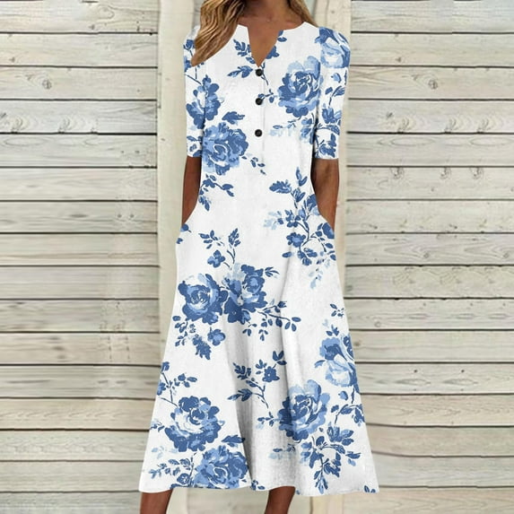 Summer Dresses for Women Sawvnm Women Fashion Summer Spring V-Neck Short Sleeve Printing Pocket Buttons Casual Loose Mid-Calf Dress Mother's Day Gift for Women Girls