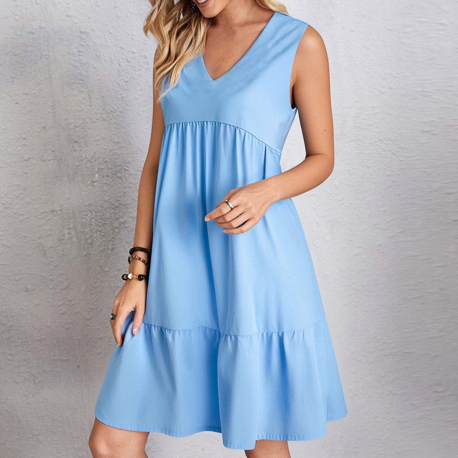 Fashion Solid Color V Neck Sleeveless Dress