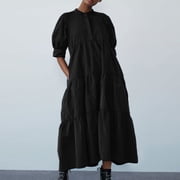 Summer Dresses Women Summer Fashion Short Sleeve Vent Round-Neck Casual Print Dress Boho Dresses Long Black S