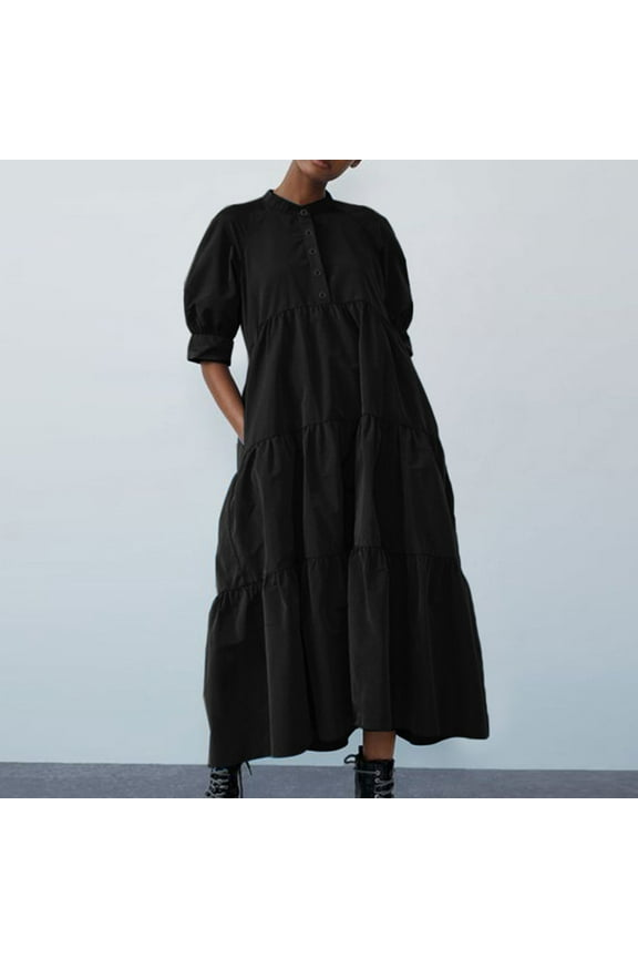 Summer Dresses Women Summer Fashion Short Sleeve Vent Round-Neck Casual Print Dress Boho Dresses Long Black S