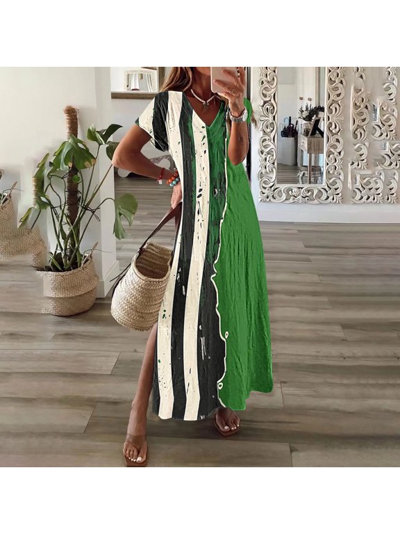 Summer Dresses Women Women's Summer Dress Women's Holiday Dresses Womens Spring And Summer V-Neck Solid Casual Short Sleeved Long Dress B Multicolor L