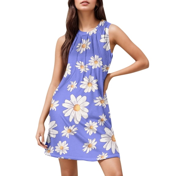 Women Summer Dresses, Formal Dresses for Women,Women's Summer Casual Flowy Beach Dress Elegant Printed Sleeveless Midi Dress with Crew Neck Comfortable Lightweight