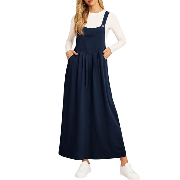 Summer Dresses Women's 0veralls 2026 Casual Boho Overall Dress Adjustable Cover up with Pockets Navy 3XL