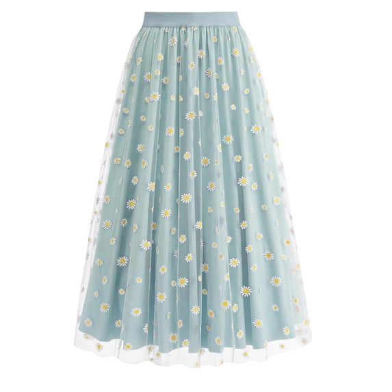 Summer Dresses Women's Long Skirt Flower Embroidery Solid Color High Waist Mesh Midi Skirt Blue S