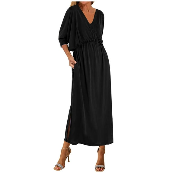 Summer Dresses Women's Short sleeved-neck Bohemian Fashion Solid Color High Waist and Ankle Split-neck Dress Boho Dresses for Women Black L